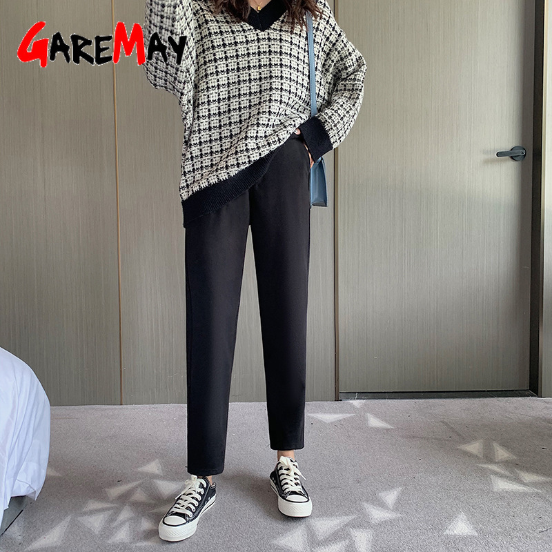 Winter Warm Trousers Suits for Women Work Office Pants High Waist Loose Vintage Female Thick Woolen Harem 210428