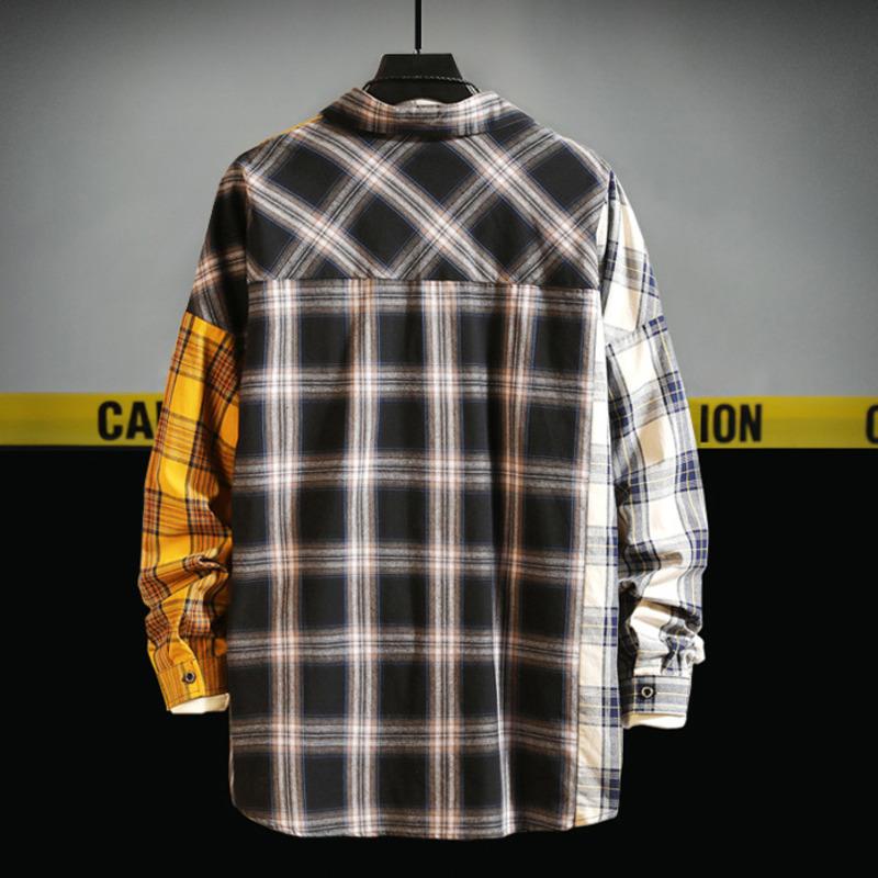 Men Oversized Cotton Plaid Shirt 2021 Man Hip Hop Patchwork Button Up Long Sleeve Couple Korean Harajuku Clothing Men's Casual Shirts