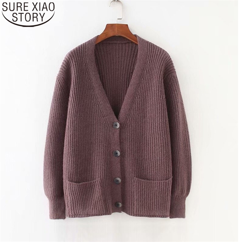 Solid V-neck Knitted Sweater Women Cardigan Winter Loose Knitwear Single Breasted Casual Outwear Jacket 10866 210506