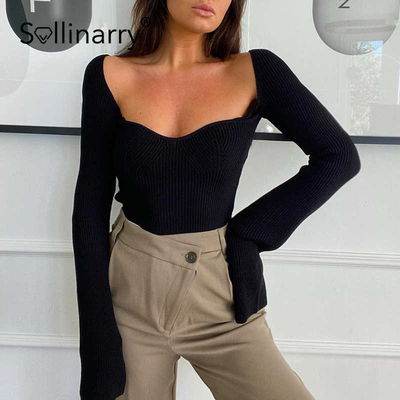 Sollinarry High street sheath women's jumper sweater solid Sexy slim pullover autumn Fashion black ladies long sleeve top 210709