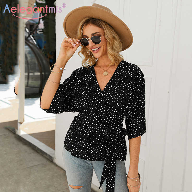 Aelegantmis Sexy V Neck Polka Dot Print Women Blouse Summer Three Quarter Sleeve Female Shirt Ladies Black Casual Tops With Belt 210607, White
Aelegantmis Sexy V Neck Polka Dot Print Women Blouse Summer Three Quarter Sleeve Female Shirt Ladies Black Casual Tops With Belt 210607, White