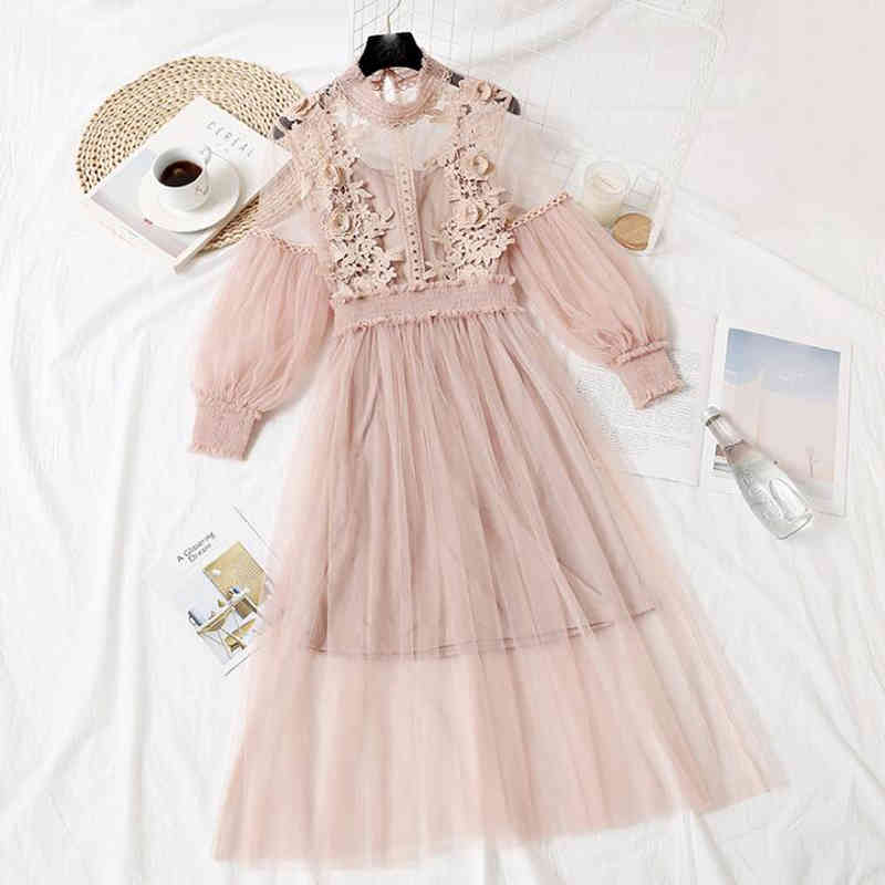 Summer Korean Vintage Stand Collar Lantern Sleeve Dress Waisted Gauze Mid-length Textural Floral Lace Hollow Out Fairy Dress 210521