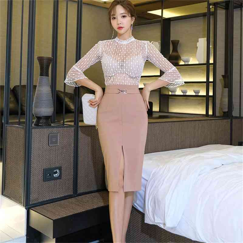 Elegant OL Style 2 Pieces suit Set White transparent flare sleeve Blouse + High Waist Pink Skirt Office Ladies Women 210519