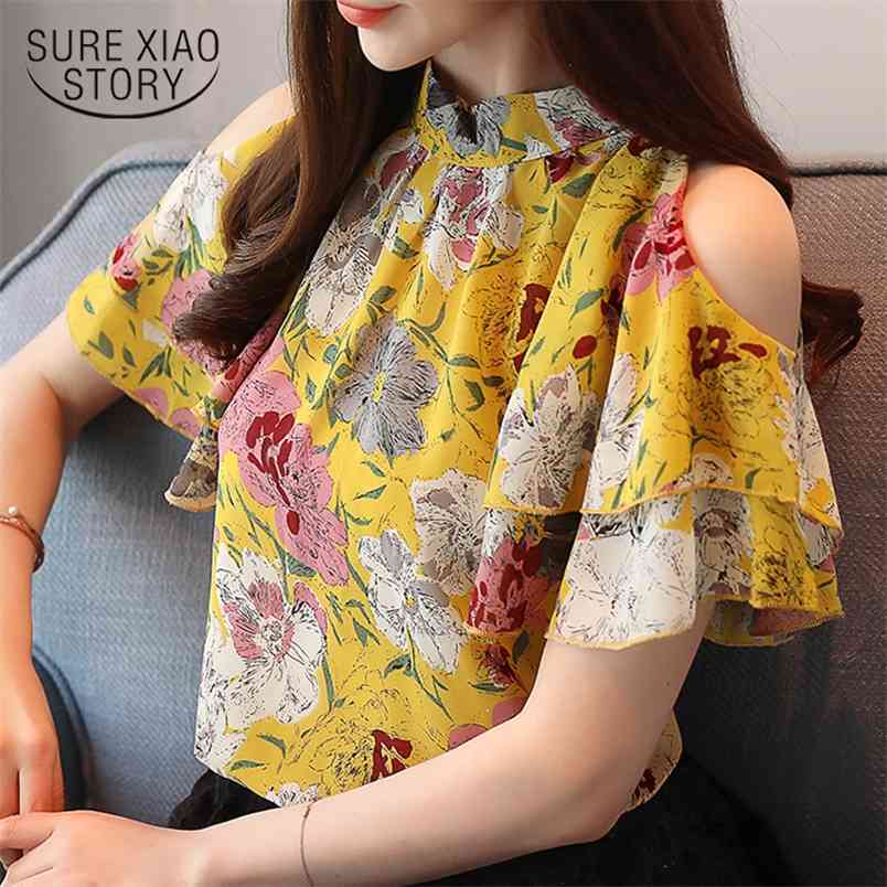 fashion woman blouses print chiffon women blouse shirt off shoulder tops summer womens and blusas 0175 60 210506
