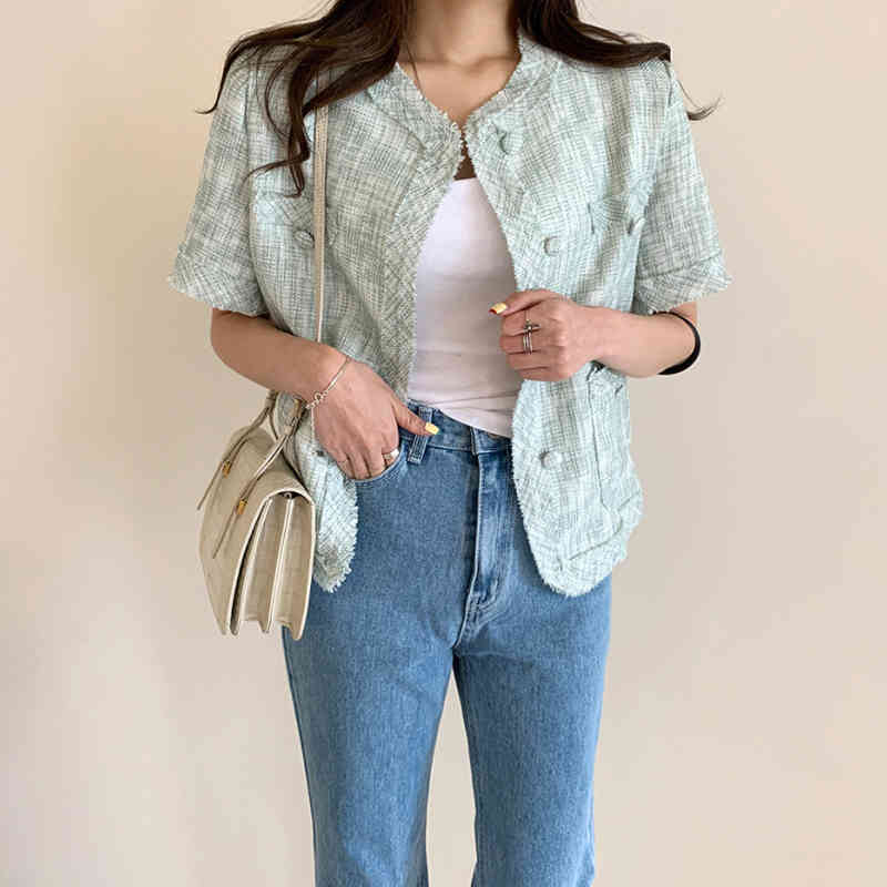 Comelsexy Summer Vintage Single Breasted Women's Jacket Chic Short Sleeve Jacket Female Short Outwear Pockets 210515
