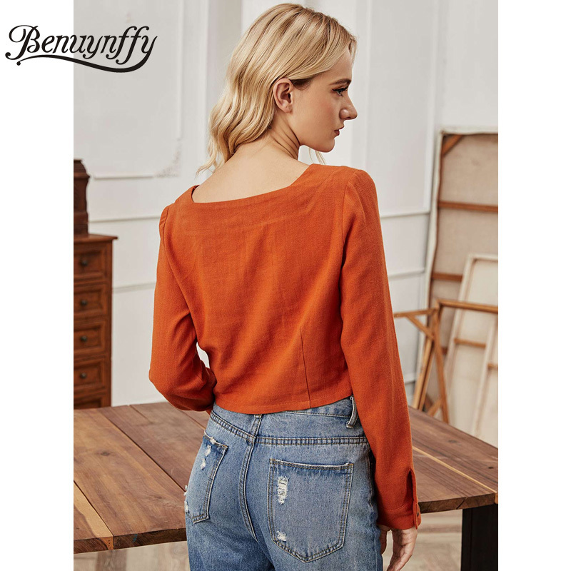 Sweetheart Neck Button Up Solid Crop Top Women Spring Cotton Linen Long Sleeve Female Shirts Basic Slim Casual Blouse 210510