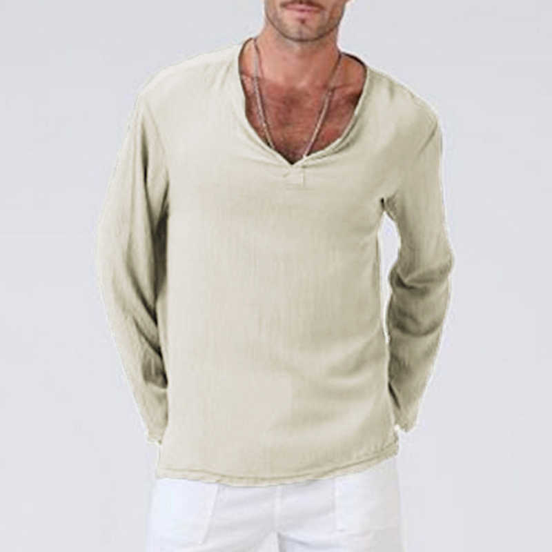 V Neck Mens T Shirts Full Sleeves Linen Cotton Long Sleeve T-Shirt Men Gothic Hippie Clothing Loose Male t shirt Autumn Spring 210707
