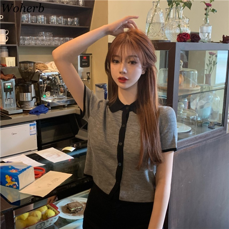 Thin Knitted T-shirt Women's Summer Korean Shirt Turn Down Collar Contrast Color Patchwork Slim Short Sleeve Tops 210519