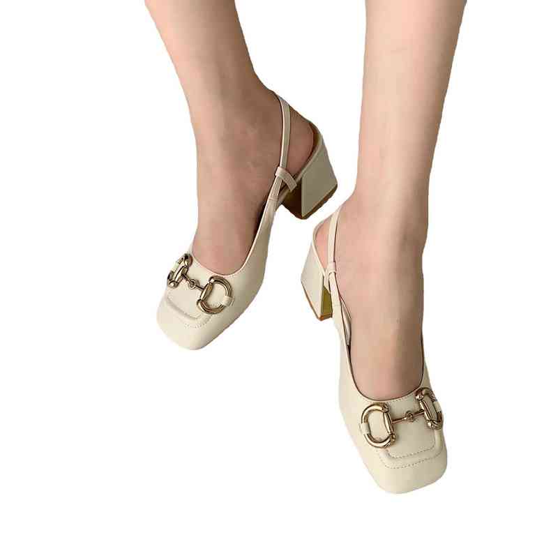 Horse rank buckle sandals women's 2021 Spring Star same style g square head back empty high heels shallow mouth thick heel shoes