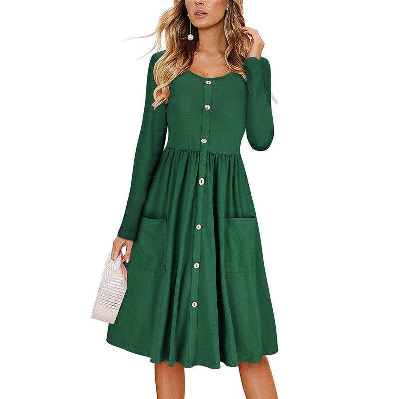 Women's Autumn Solid Color Round Neck Long Sleeve Bow Button Dress Temperament Office Worker Celebrity Style Plus Size 210522