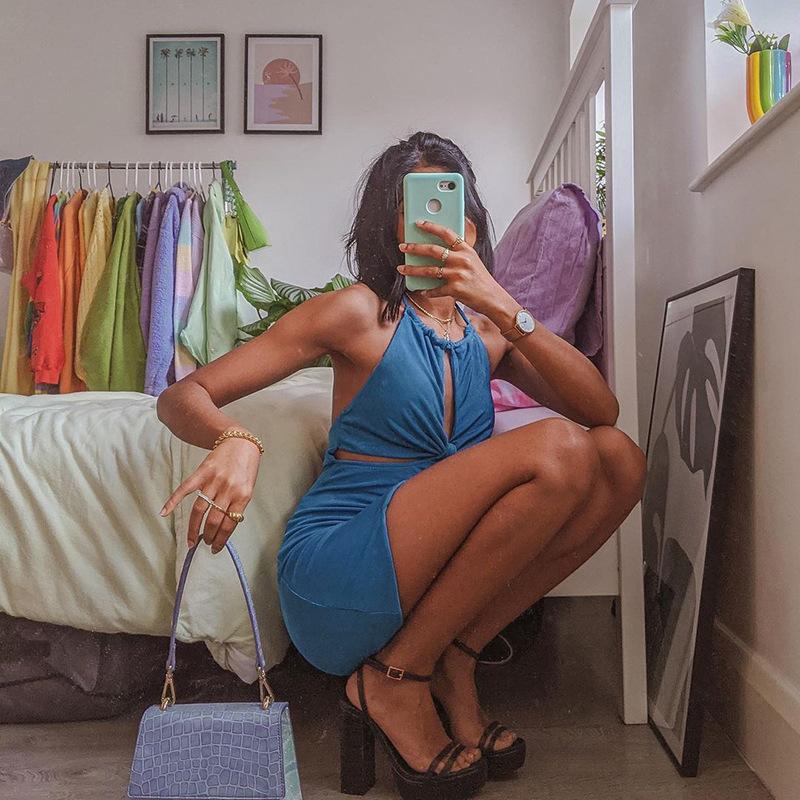 Women's Halter Mini Dress 2021 Fashion Backless Hollow Out Club Outfits Solid Color Beach Party Sexy Summer Dresses Robe Casual