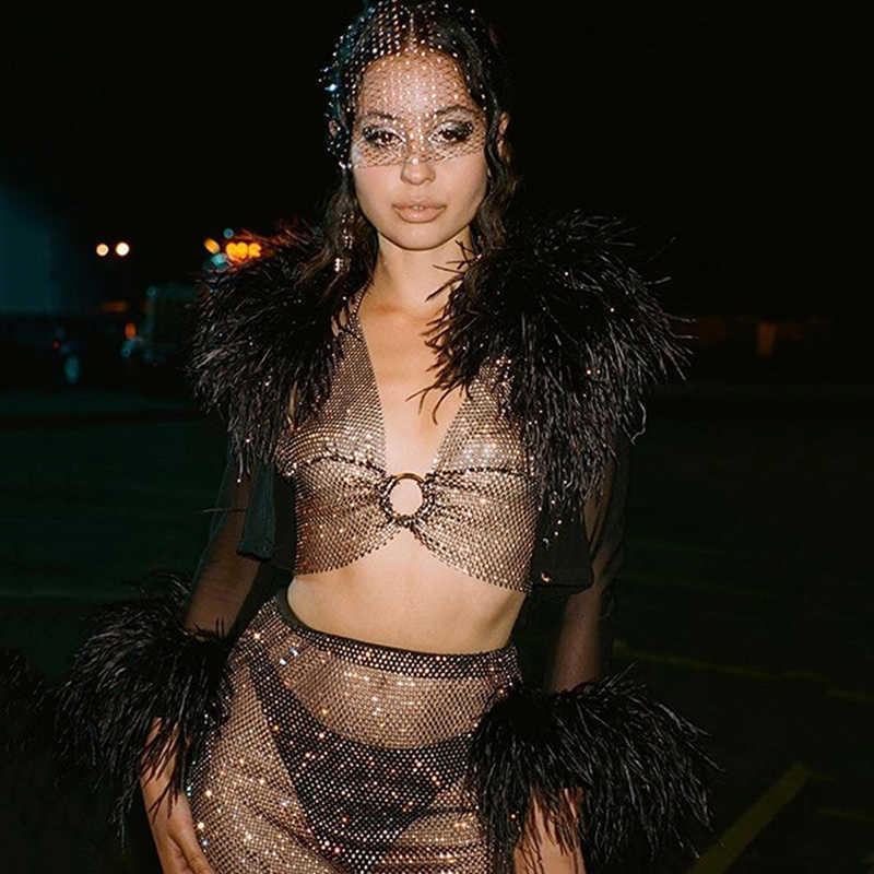 Sexy See Through Camis Halter Shiny Diamante Metal Round Ring Backless Low Cut Crop Top Party Night Club Camisole For Lady 210625