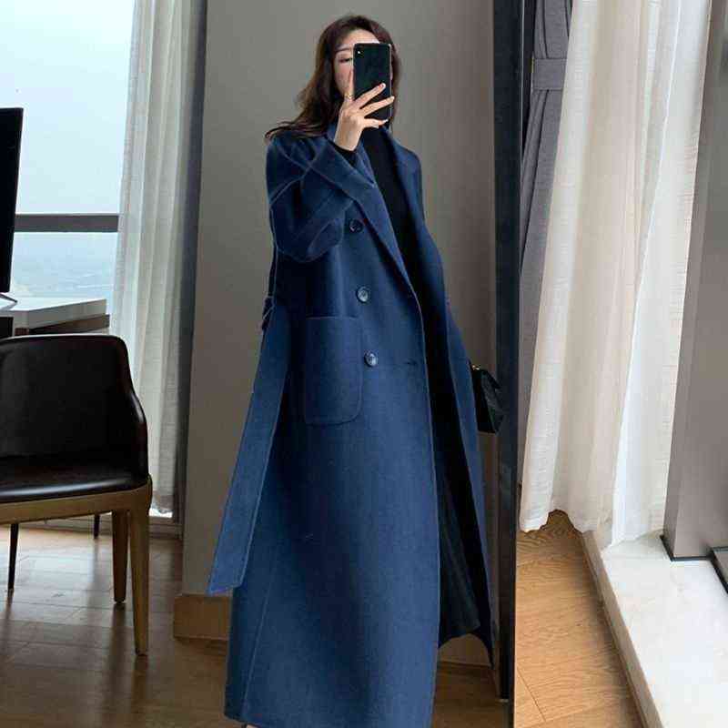 LANMREM Autumn Winter Women Woolen Coat Warm Long Length Double Breasted Navy Blue Coats Female Elegant Outerwear 2C533 211130