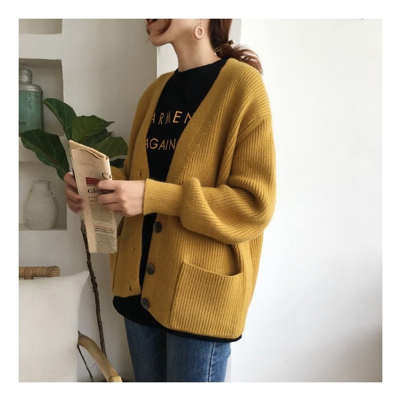 Solid V-neck Knitted Sweater Women Cardigan Winter Loose Knitwear Single Breasted Casual Outwear Jacket 10866 210506