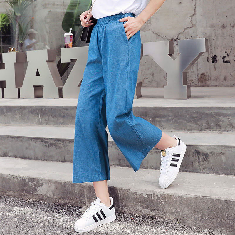 Spring Summer Fashion Women Jeans High Waist Loose Thin Wide Leg Cotton Denim Casual Ankle-length Pants Plus Size D53 210512