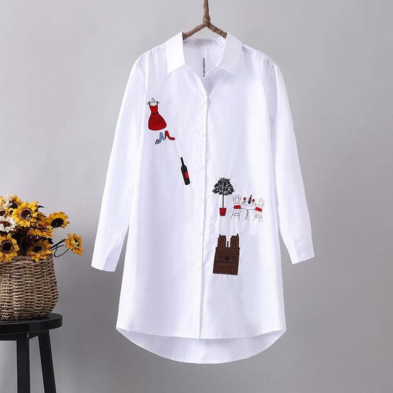 New Women White Shirt 100% cotton Casual Wear Button Up Turn Down Collar Long Sleeve Blouse Embroidery Feminina F106 210317