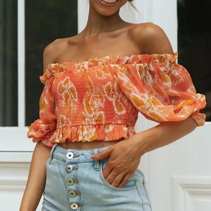 Off Shoulder Chiffon Blouse Tops Orange Women Half Sleeve Elastic Tube Crop Summer Beach Blusa Mujer 210427