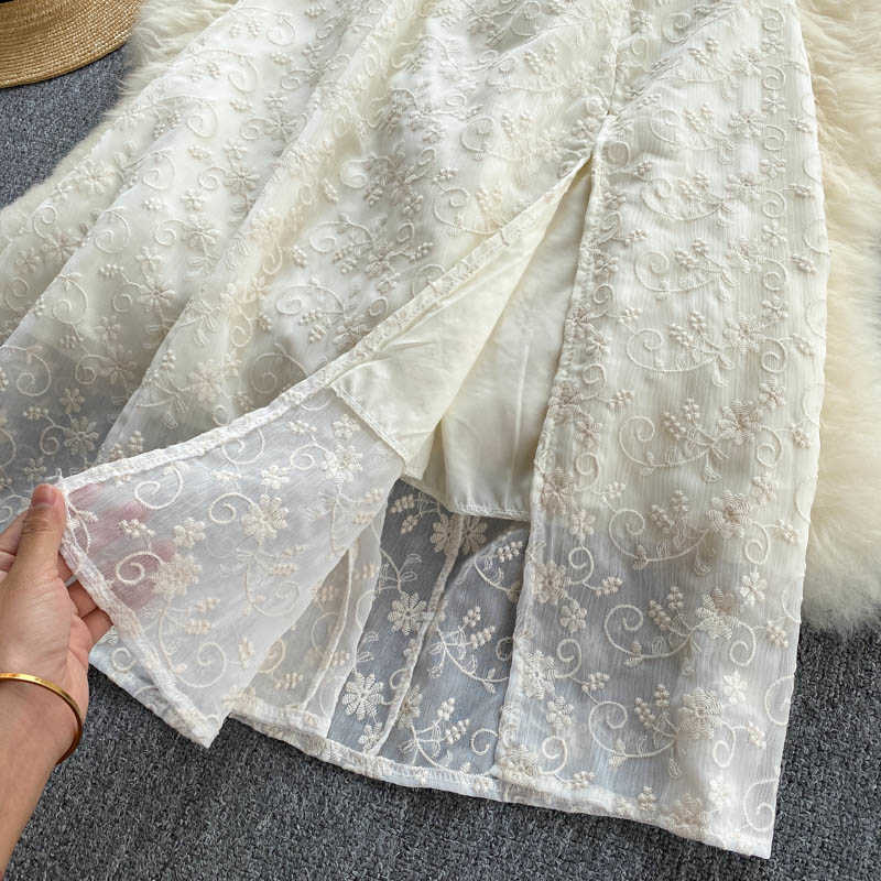 DEAT Women Split Slim Beaded Dress Round Neck Short Sleeve Arrivals Lady Temperament Fashion Spring Summer 11D597 210709