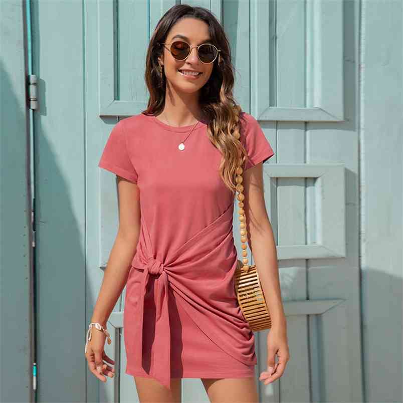 Women O Neck Short Sleeve Tie Up Mini Dress Summer Solid Color Casual Elegant Black Pink Slim T-shirt Vestidos Female 210522