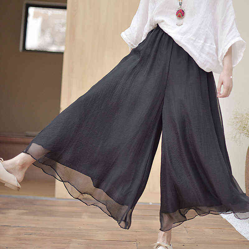 Women Elegant Solid Cotton Pants Korean Summer Retro High Waist Two Layer Wide Leg Pant Long Boho Trousers Female C- 071 211115