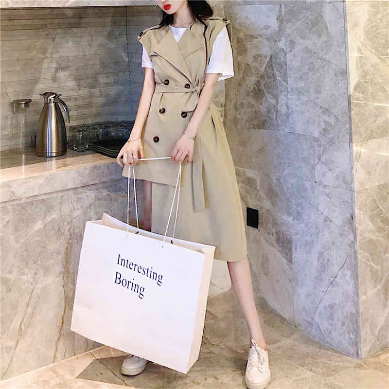 Spring Trench Coat Pattern Lapel Sleeveless Solid Double Breasted Asymmetrical Vest Women Free Belt 210506