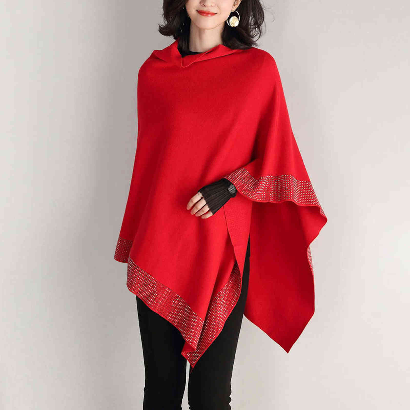 ZJZLL 2021 New Autumn Fashion Winter Diamonds Knit Wool Shawl Cloak Loose Plus Size Solid Woman Poncho Cape Pullover Sweater H1123