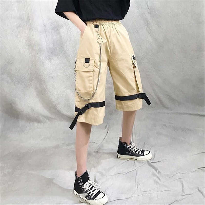 Harajuku Streetwear Women Casual Harem shorts With Chain Solid Black Cargo Gothic Cool Fashion Hip Hop Long Trousers Capris 210611