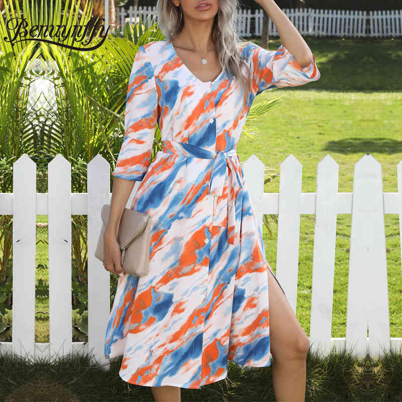 V-neck Half Sleeve Tie Dye Shirt Dresses Women Summer Casual Fashion A-line Split Midi Dress with Belt 210510