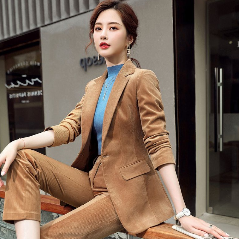 Winter Corduroy Casual Business Attire Ladies Solid Single Button Fashion V-Neck Long Sleeve Suit Coat Female 210514