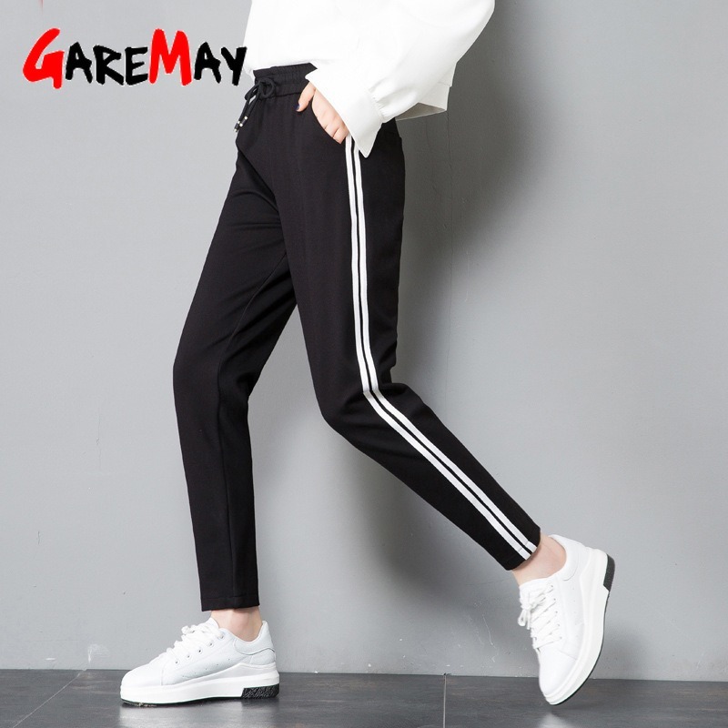 Women's Pants Plus Size Korean Style Motion Elastic Waist SportsTrousers Black White Striped Side Sweatpants Women 210428
