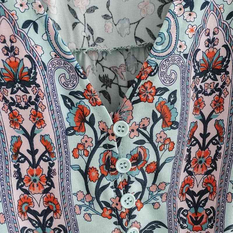Bohemia V neck Location Floral Print Lantern Long Sleeve Short Dress Hippie Woman Adjustable Lacing up Waist Holiday Dresses 210429