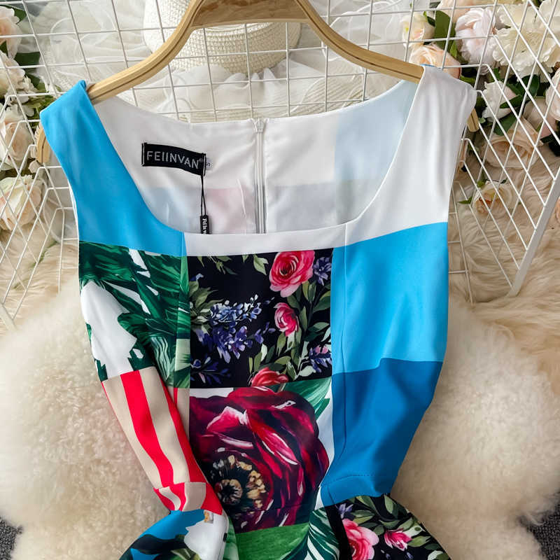 DEAT Women Printing Dress Round Neck Sleeveless Arrivals Lady Temperament Fashion Spring Summer 11D1406 210709