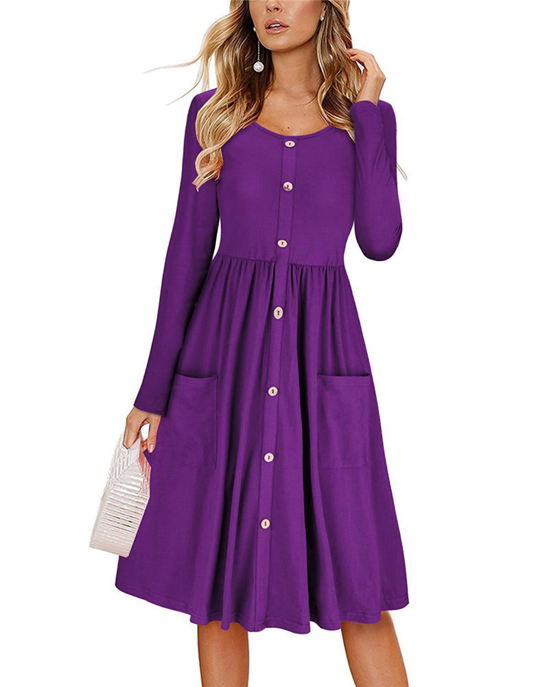Women's Autumn Solid Color Round Neck Long Sleeve Bow Button Dress Temperament Office Worker Celebrity Style Plus Size 210522