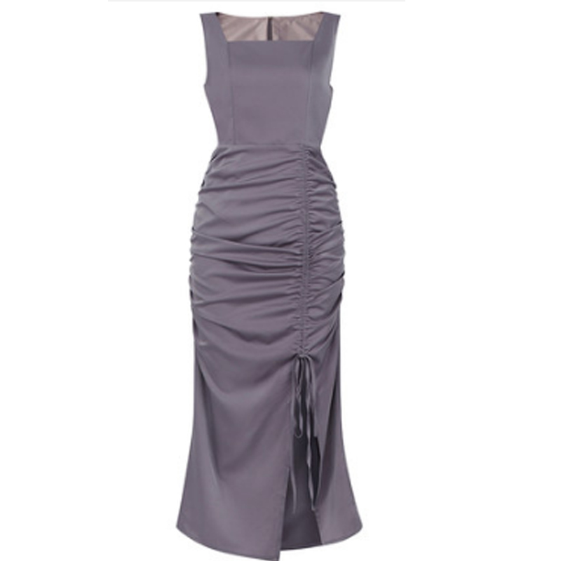 Korean Split Sexy Elegant Occupation Dress Women Summer Square Collar OL Office Dresses Sheath Bodycon Tank Vestidos 210506