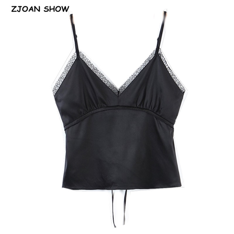 Summer France Spliced Lace V neck Black Satin Camis Women Retro Girl Sexy Back Tie bow Belt Slim Crop Top Short Tees 210429
