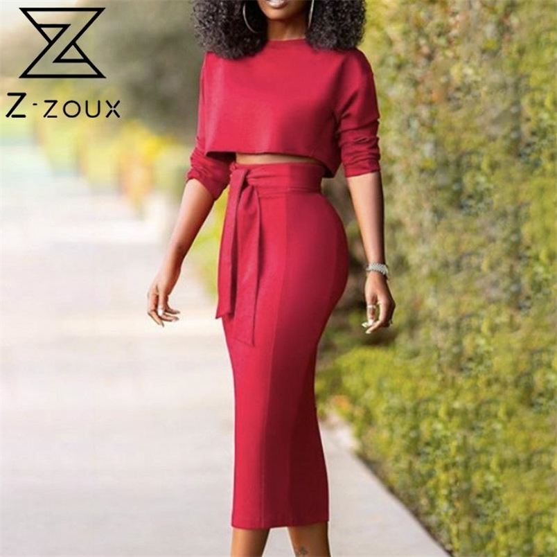 Women Set Skirt s Bandage High Waist Long Skirts Short Tops Plus Size Red 2 Piece Fashion 210513