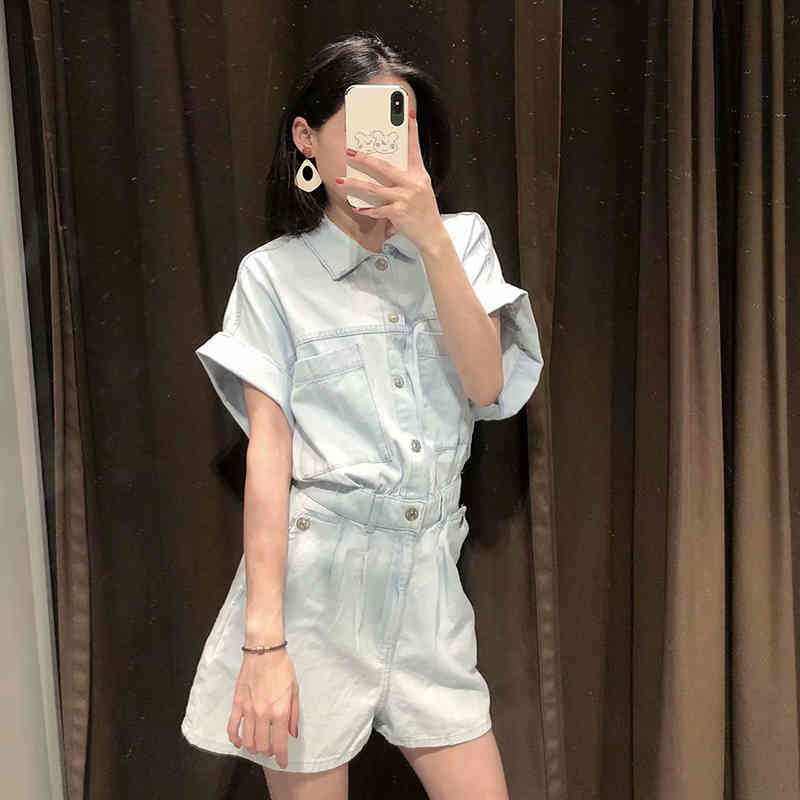 Women Cotton Denim Jumpsuit Fashion Short Sleeves Loose Overalls Vintage Wash Elastic Waist Washed Jumpsuits 210521