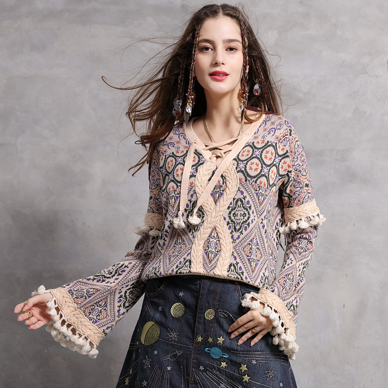 Johnature Fashion Floral Print V-neck Lace Up Trumpet Sleeve Knitted Sweater Autumn Winter Retro Women Tassel Sweater 210521, Multi
Johnature Fashion Floral Print V-neck Lace Up Trumpet Sleeve Knitted Sweater Autumn Winter Retro Women Tassel Sweater 210521, Multi