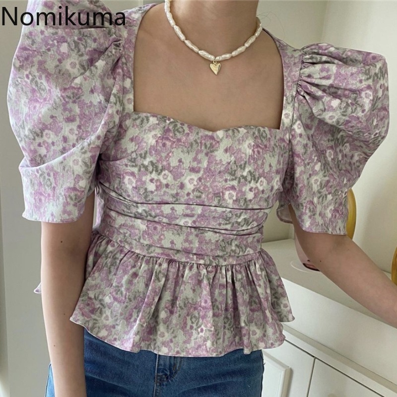Nomikuma Korean Floral Women Tops Puff Sleeve Square Collar Blouse Shirt Summer Chic Slim Waist Ruffle Blusas Mujer 6G880 210427