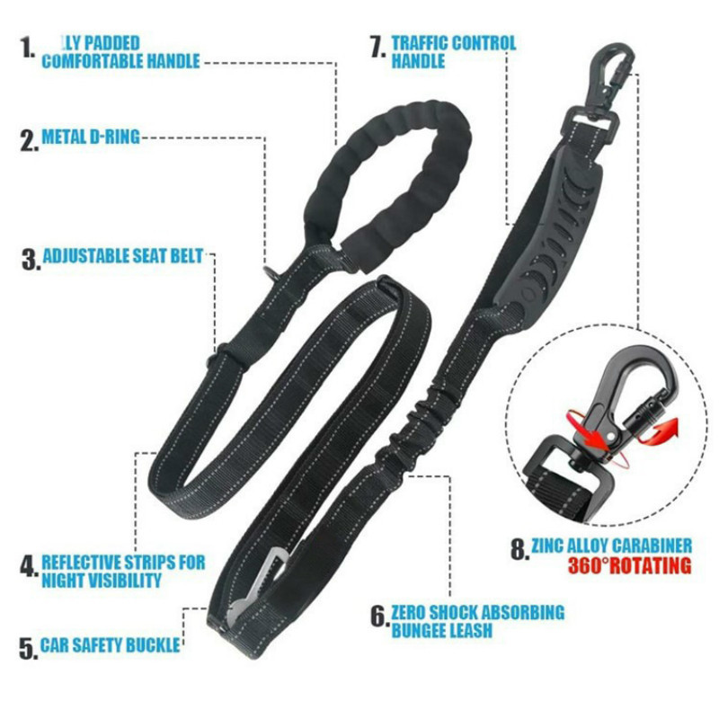 Reflective Dog Leash Traction Rope With Car Seat Safety Buckle Double Handles Puppy Dogs Walking Outdoor Car Leash Adjustable