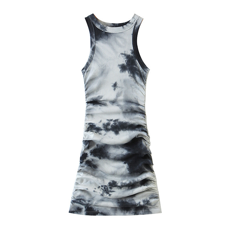 Vintage Gradient tie dye Sleeveless Mini Dress Bodylish Women O neck Side Ruched Dresses Knit Sexy Party Vestidos Korea clothing 210429