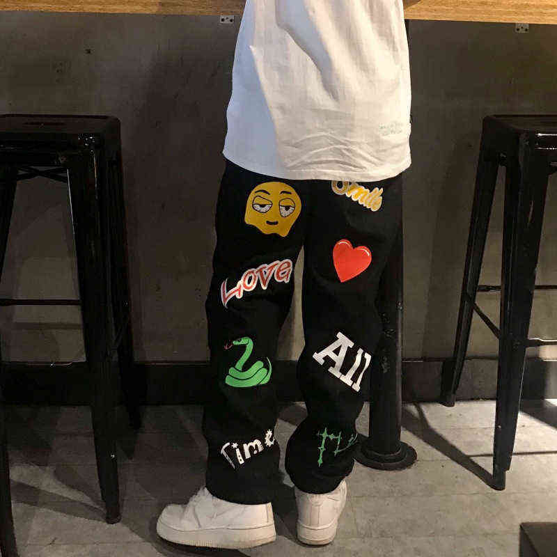 Fashion Streetwear Men Baggy Jeans Hip Hop Black Star Alphabet Graffiti Loose Casual Wide Leg Pants Woman Denim Trousers 211111