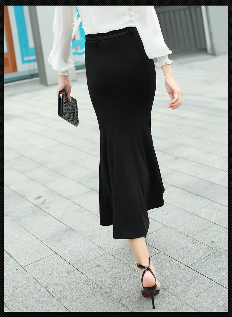Long Skirt Women Fish Tail Black With Belt Mid-calf Length Spring Autumn Mermaid Trumpet Empire High Waist Stretchy B90591 210421