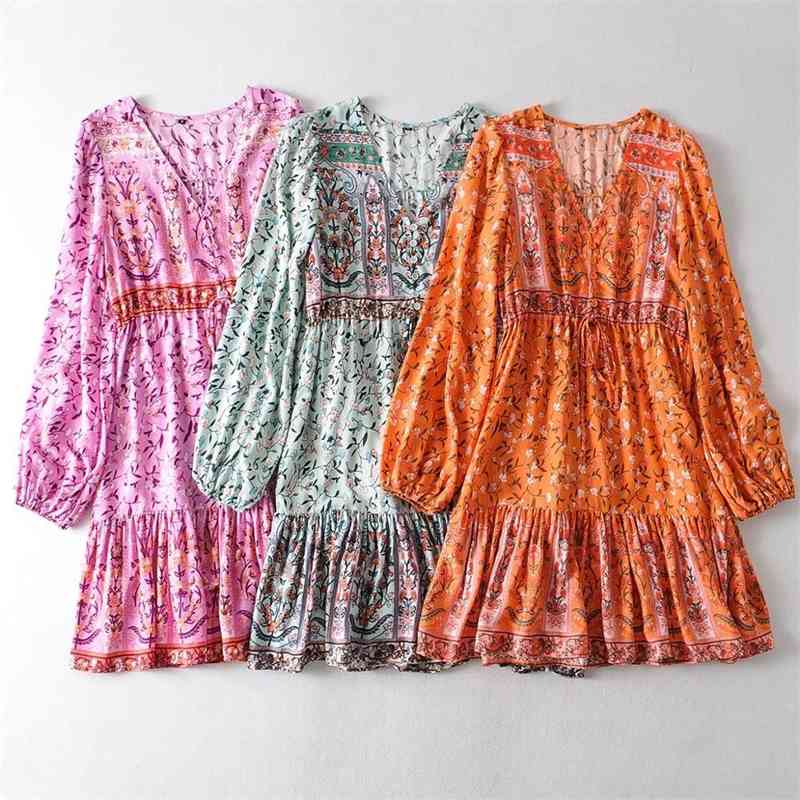 Bohemia V neck Location Floral Print Lantern Long Sleeve Short Dress Hippie Woman Adjustable Lacing up Waist Holiday Dresses 210429