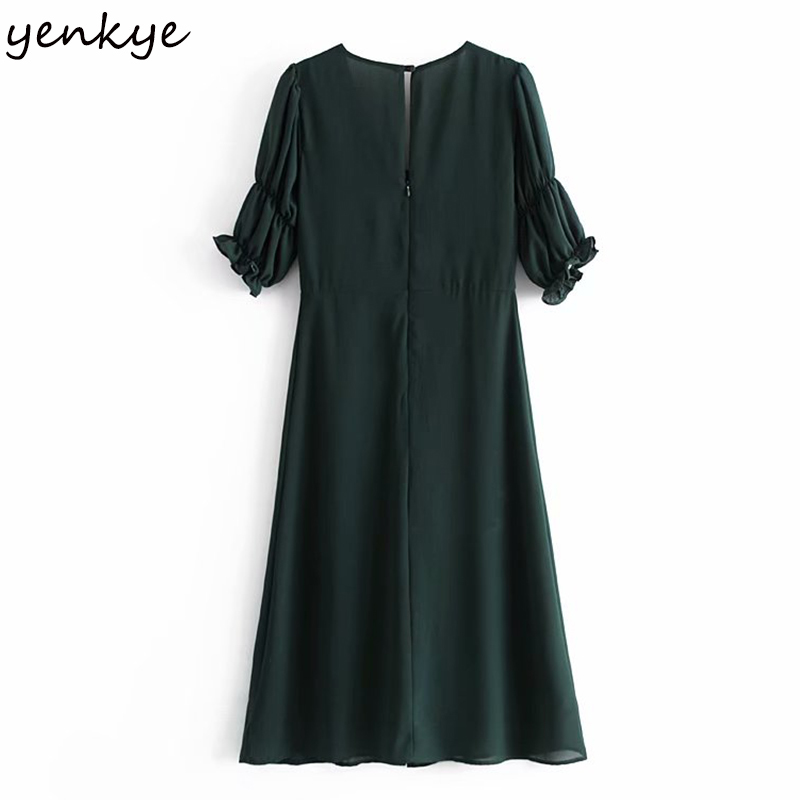 YENKYE Chiffon Summer Dress Women Sexy Hem Slits Vintage Dark Green Vestido Female Short Sleeve V Neck High Waist A-line Dress 210515