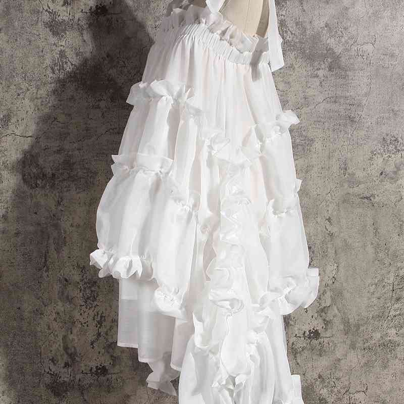 DEAT Women Irregular Ruffles Spaghetti Strap Dress New Round Neck Sleeveless Loose Fit Fashion Spring Summer 1W571 210428