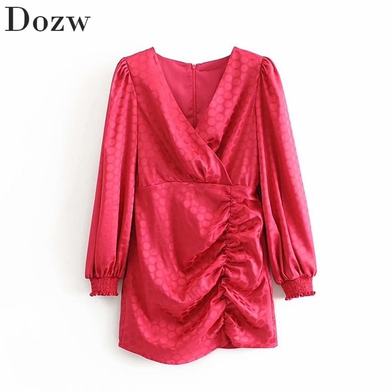 Women Elegant Polka Dot Pleated Satin Dress V Neck Lantern Sleeve Party Mini Ladies Vintage es Vestido Mujer 210515