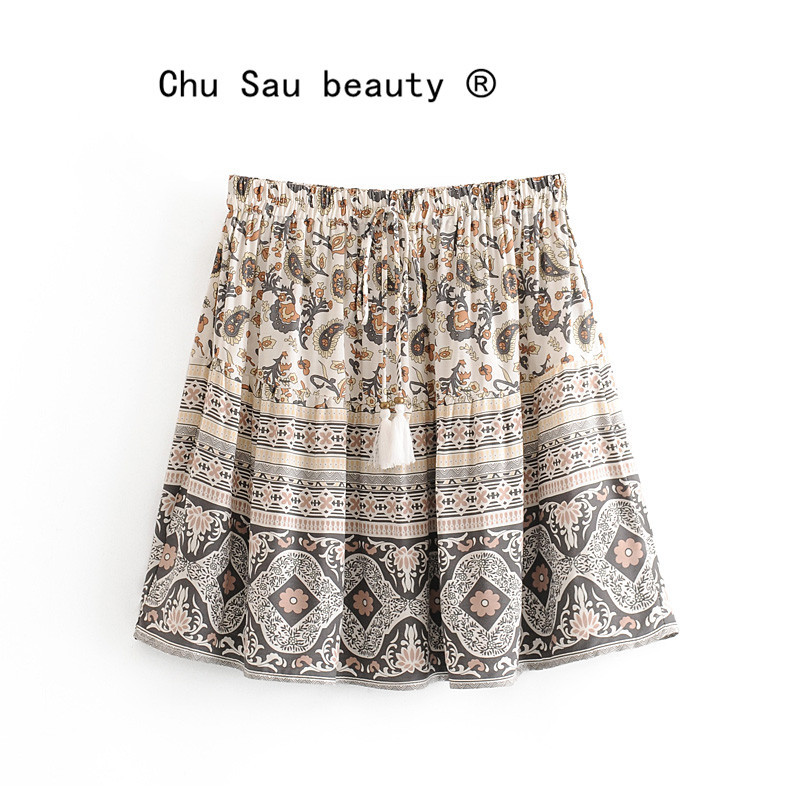beauty Fashion Women Sexy Mini Floral Skirt Boho Summer Elastic Loose Tassel Casual Bohemian 210514