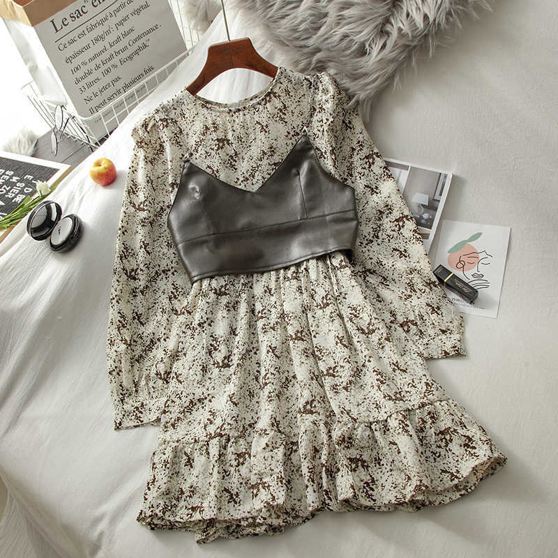 Gagaok Sweet Two Piece Set Women Spring Autumn Korean Chic Wild Fashion Ladies Outfits Floral Dresses + PU Vests 210708