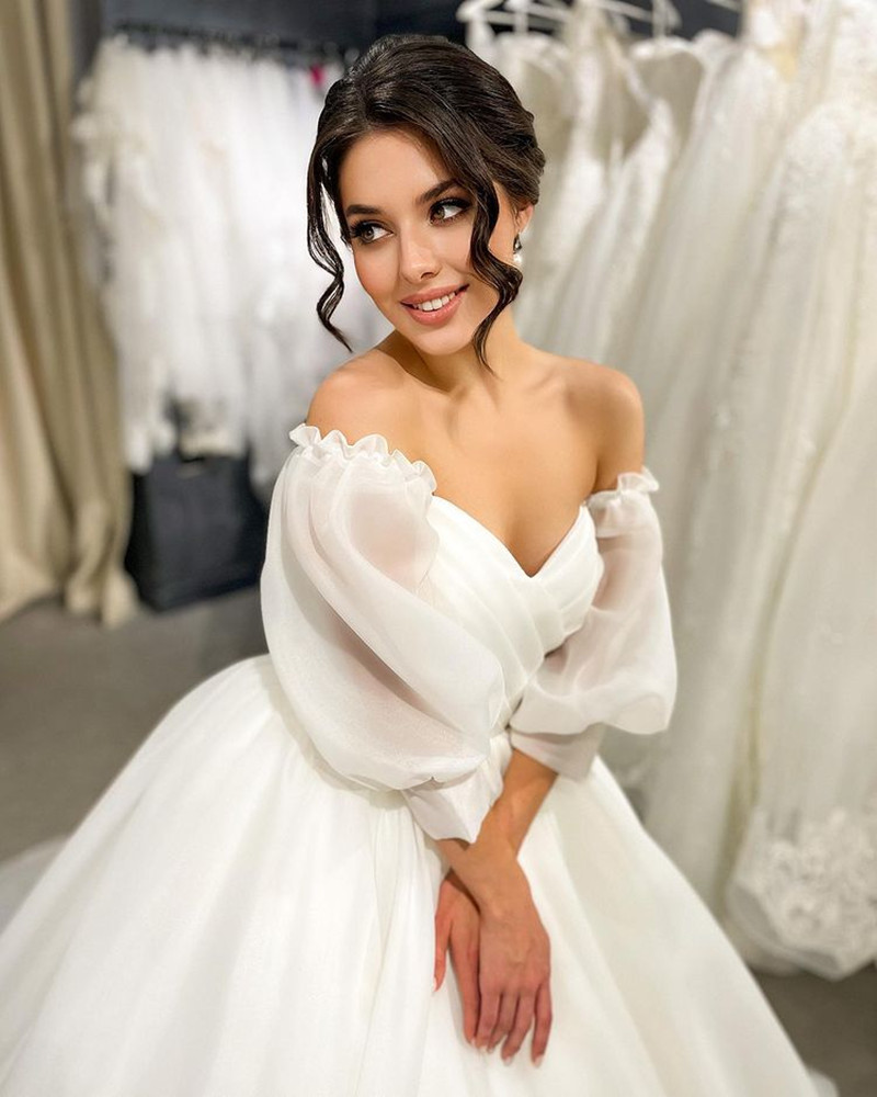 Boho Sexy Puff Sleeves Strapless Wedding Dress Sweetheart Sweep Train Custom Made Princess A eBridal Dresses Vestido De Novia